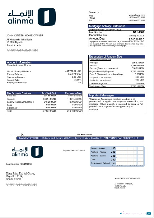Download Saudi Arabia Alinma bank mortgage statement in Word and PDF formats Photoshop template
